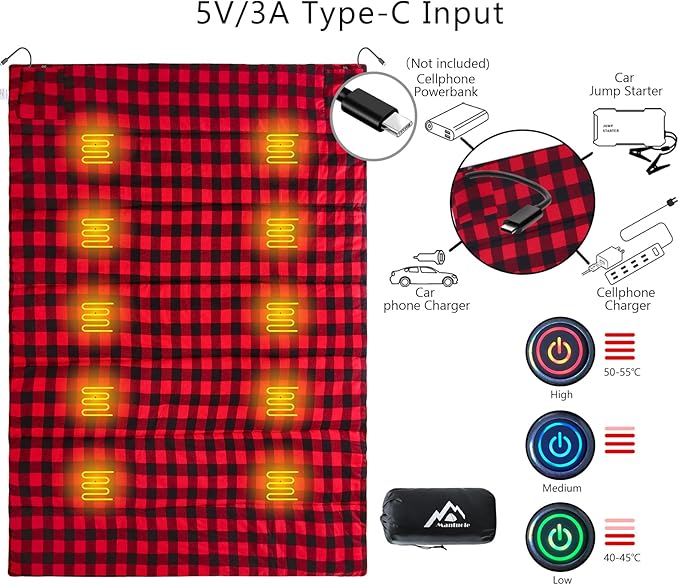 Heated Sleeping Bag pad, Heated Sleeping Bag Liner, Type-C Input, 5+5 Heating Zones, Operated by Power Bank (Battery NOT Included) or Other USB Power Supply. Type-C.