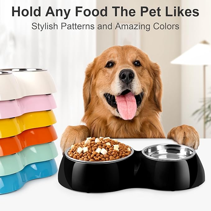 Double Dog Bowls Set ??Non-Slip Pet Food & Water Dishes with Resin Stand, Includes Small (1 Cup) & Medium (2 Cups) Bowls ??Ideal for Puppies, Cats, and Medium Dogs ?“Black