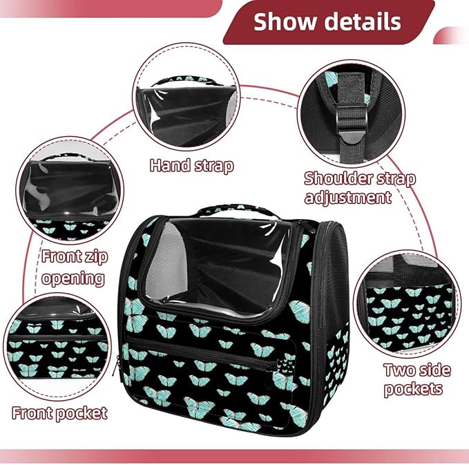 Butterfly on Black Background Pet Travel Carrier | Ventilated Comfortable Design with Safety Features | Ideal for Small to Medium Sized Pets Cats, Dogs etc