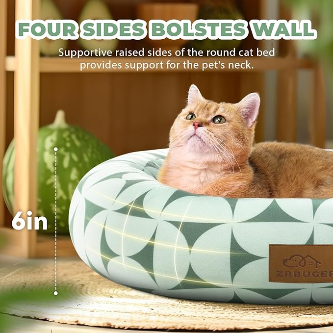 Cat Bed, 20In Dog Beds for Small Dogs, Calming Cat & Dog Beds for Indoor Pets, Pet Beds Comfortable Donut Round Ultra Soft (Green Pattern, 20.0" L x 20.0" W x 6.5" Th)