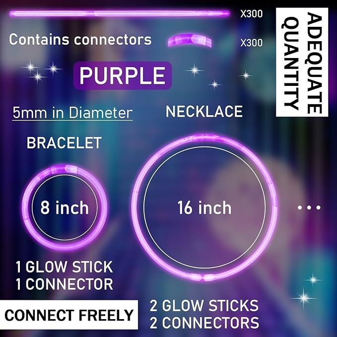 Hanaive 300 Pcs Glow Sticks Bulk 8 Inch Glow in The Dark Party Favors Neon Bracelets and Necklaces Light up Sticks with Connectors for Holiday Birthday Party Supplies(Purple)