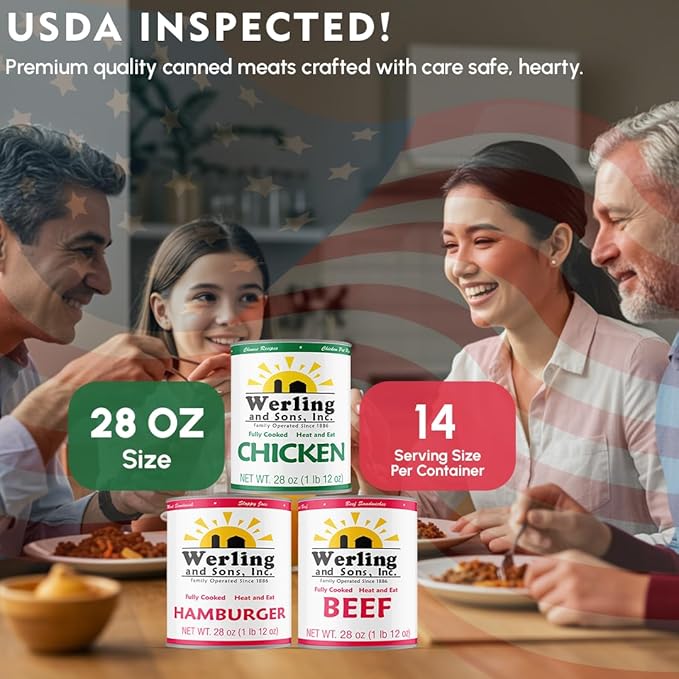 Werling & Sons Canned Meat Variety Pack 28 oz – Fully Cooked & Ready to Eat | 2 Hamburger, 2 Chicken, 2 Beef | Shelf-Stable Emergency Canned Food for Pantry Staples, Long-Term Storage, Camping & Quick Meals | Pack of 6