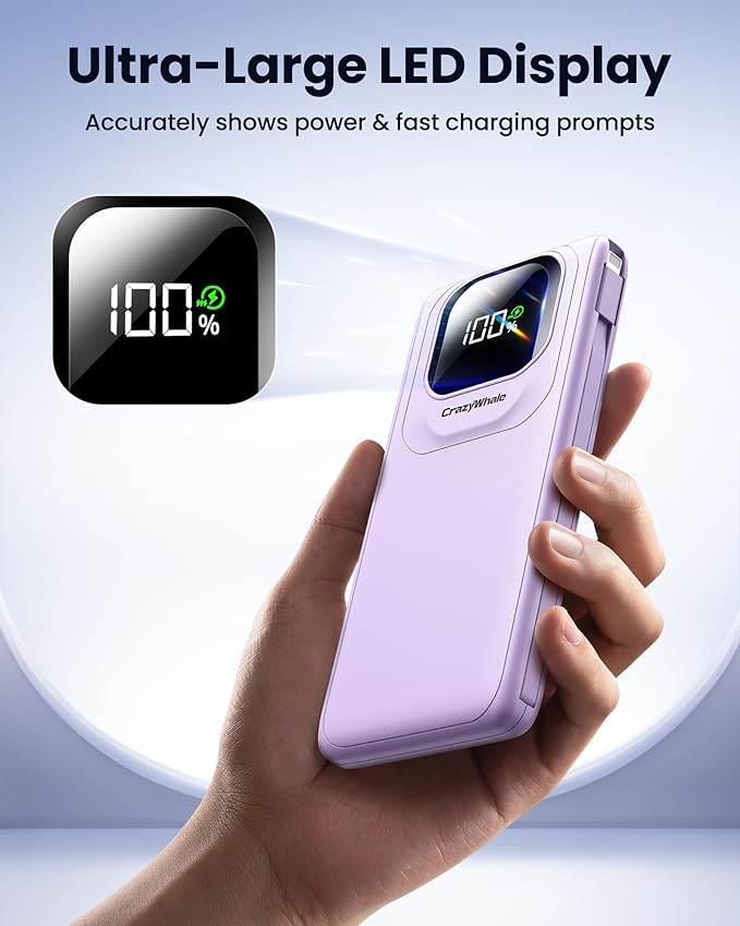 Portable Charger Power Bank with Built-in Cables, 22.5W Fast Charging 10000mAh Phone Charger, Travel Battery Pack Slim Battery Bank with Smart LED Display for iPhone, Android & USB-C Devices (Purple)