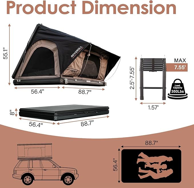 Hardshell Rooftop Tent, Roof Top Tent for 2-3, with Aluminium Ladder, Skyview Window, Mattress, LED Light, Blackout-Coated for UV Protection, Waterproof, for Truck, Jeep, SUV, Van