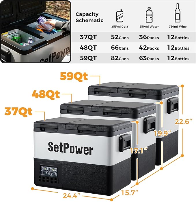 Setpower PT35 Car Refrigerator with AC Adapter,35L Dual Zone Portable Freezer,12 Volt Refrigerator Electric Cooler for Car camping, RV,Truck,Vehicles,Travel and Home Use,12/24V DC & 110/240V AC,0℉-50℉
