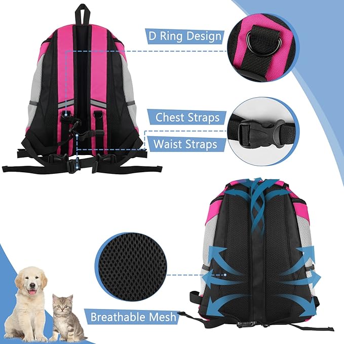 SMONT Dog Backpack Carrier Pet Lightweight Dog Carrier Backpack Small Dog Front Backpack Breathable Dog Carriers for Small Dogs with Safety Belt for Outdoor Hiking Travel Use S (2-7 lbs) Rose Red