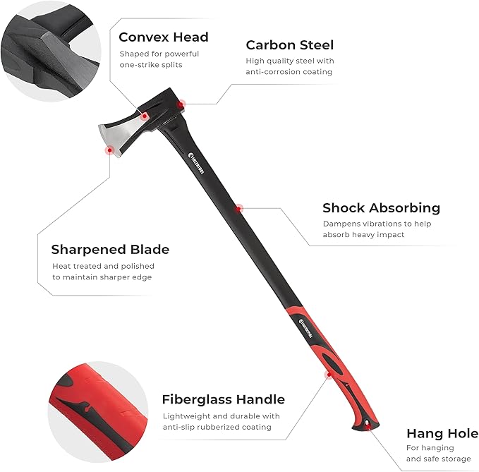INTERTOOL 36-Inch Wood Splitting Maul | Heavy Duty Axe for Firewood Logs | Shock Absorbing Fiberglass Handle & Sheath | HT-0275
