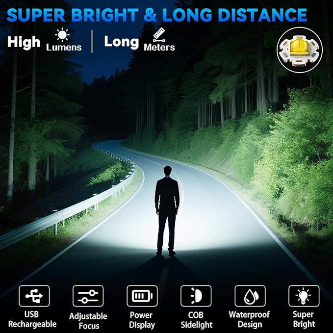 4Pack Flashlights High Lumens 9900FL, 7Mode Flashlight Rechargeable with LCD Digital Display, Rechargeable Flashlights with COB Light, Adjustable Super Bright Flashlight, Powerful Tactical Flash Light