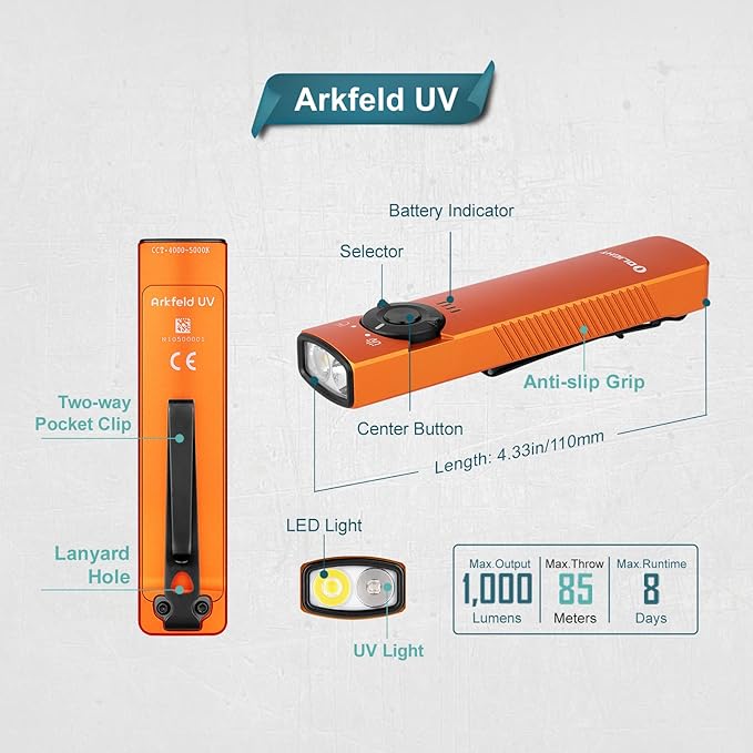 OLIGHT Arkfeld UV Rechargeable EDC Flashlight, 1000 Lumens White LED and 365nm Blacklight Combo for Outdoors, Emergency, Working, Pet Urine Detection (Orange NW)