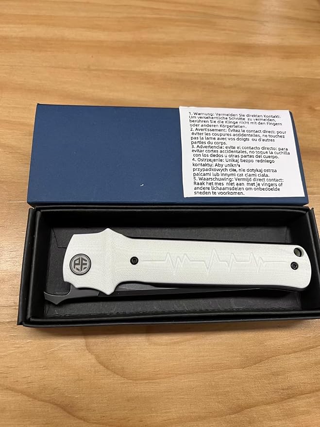 Petrified fish PFB04 Tena Folding Knife, 3.82" D2 Steel Black Stonewashed Blade G10 Handle Pocket Folding knife for EDC Camping Outdoor (White Black Stonewashed)