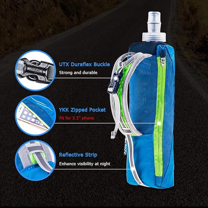 AONIJIE Quick Grip Handheld Soft Water Bottle for Running, Hand Strap Hydration Pack with 500ml Handheld Soft Flask Water Bottle (Blue)