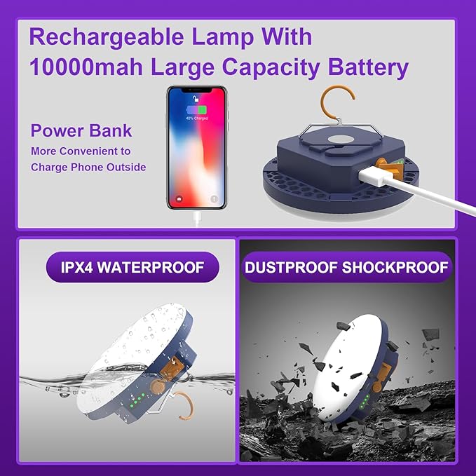 2pcs Camping Lamp 10000mAh Rechargeable 3000LM Tent Camping Light, 24Hours Long Play Time , Outdoor Night Market Night Fishing Lantern (UV)