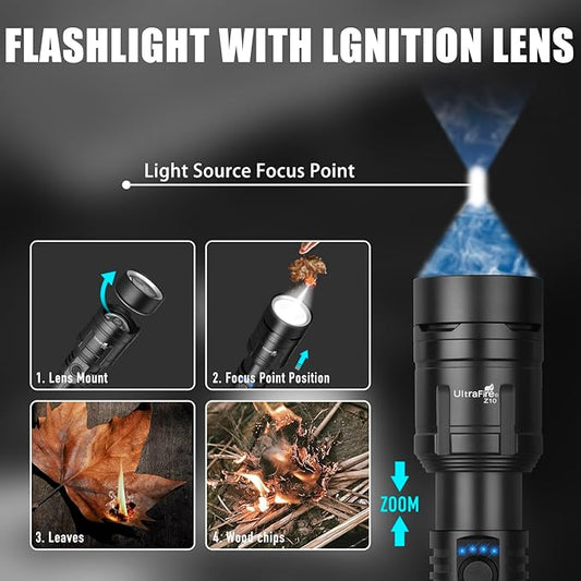 ULTRAFIRE Flashlights High Lumens with Ignition Lens, 1500 LM Super Bright Zoomable Tactical Flashlight with Holster, Reverse Charging, 3 Modes LED Rechargeable Flash Light for Camping, Emergency