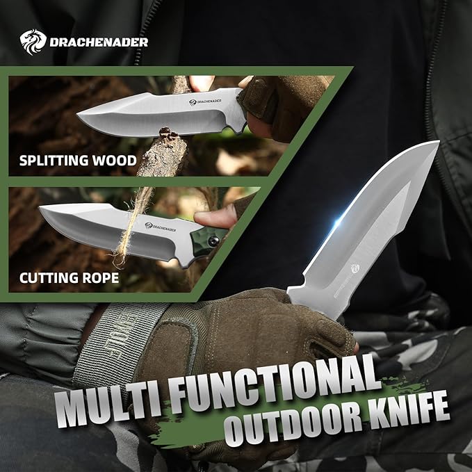Tactical Knife Fixed Blade (B-ER-DROP POINT), 5.04" 5Cr14MoV Steel Blade Bushcraft knife with ABS handle, Full Tang Survival Knife, Gifts for men, (Green)