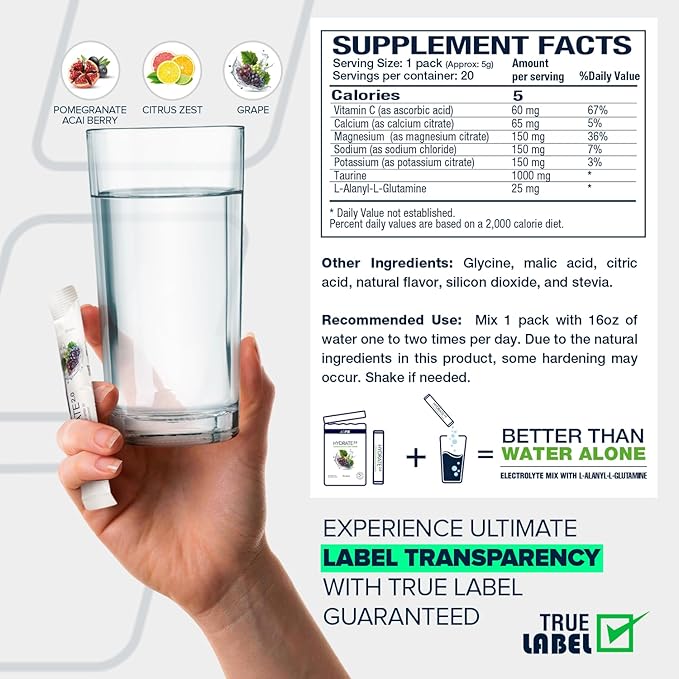 Hydrate 2.0 Electrolytes Hydration Powder Packets – Advanced Hydration & Recovery Formula with L-Alanyl-L-Glutamine | Faster Hydration & Performance Recovery | 20 Packets (Pomegranate Acai Berry)