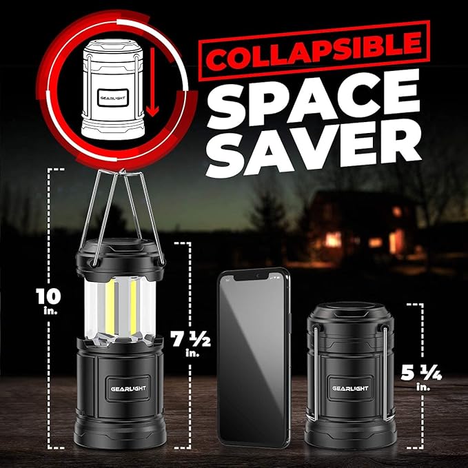 GearLight Camping Lantern - 2 Portable LED Battery Powered Lantern with Magnetic Base and Foldable Hook for Emergency Use or Campsites, Essential Hurricane Survival Kit with Batteries