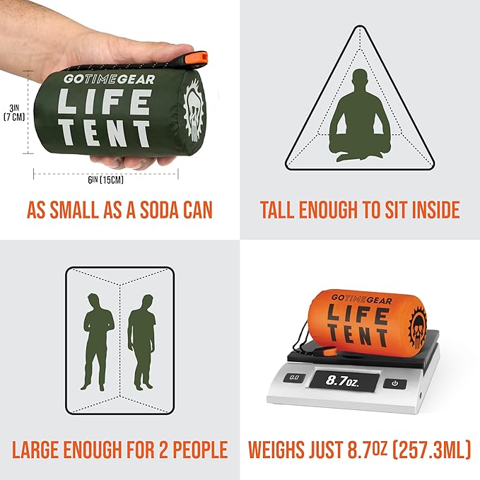 Go Time Gear Survival Life Tent ??2 Person Mylar Emergency Shelter Tube Tent + Paracord ??All-Weather Protection for Camping, Hiking, & Survival Kits ??Includes Emergency Whistle