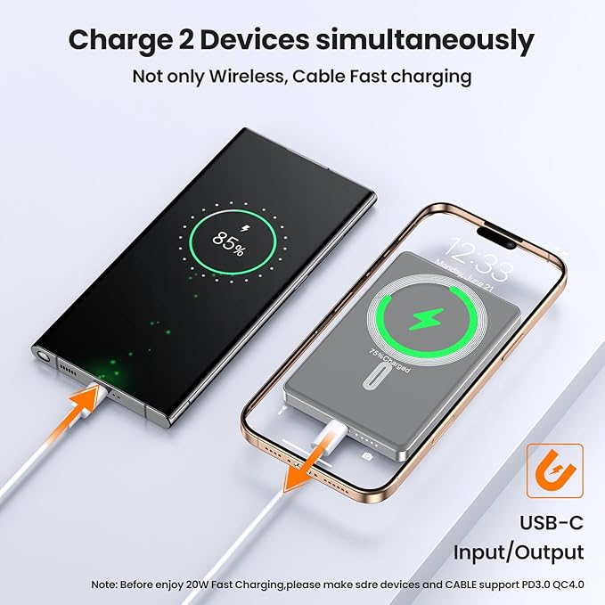 Magnetic Power Bank,Ultra Slim Wireless Portable Charger 10000mAh,20W PD Magnetic Power Bank Fast Charging,USB C in&Out Powerbank for iPhone 16/15/14/13/12 Pro Max