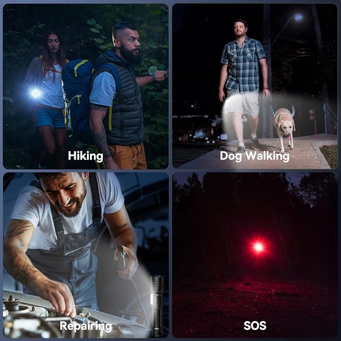 Flashlight Rechargeable 2000 High Lumens IPX6 Waterproof Super Bright Flashlight with 7 Modes & COB Side Light, Zoomable Brightest Flash Light for Camping Home Emergency