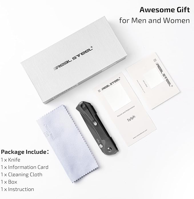 REALSTEEL SYLPH Folding Pocket Knife, Liner Lock, 3.07" Nitro-V Steel Black PVD Blade, Thumb Stud, Double Bending Steel Handle, 3.35oz, Deep-carry Pocket Clip, EDC Outdo Indoor, Gifts for Men Women Camping Hiking Climbing (Full Black)