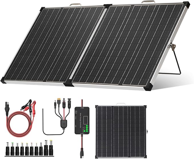 Panana 110W 12V Portable Solar Panel for Power Station, Foldable Off Grid Solar Panel with SAE Connector Kit, Charge Controller, Mount Bracket for Camping Car RV Marine Boat Battery