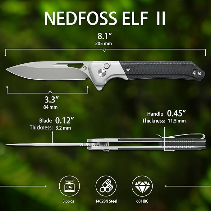 NedFoss ELF II Pocket Knife, 3.3" 14C28N Blade Button Lock EDC Knife with G10 Handle, Flipper Open, Reversible Deep Carry Pocket Clip, Lightweight Slim Utility Folding Knives for Men Women
