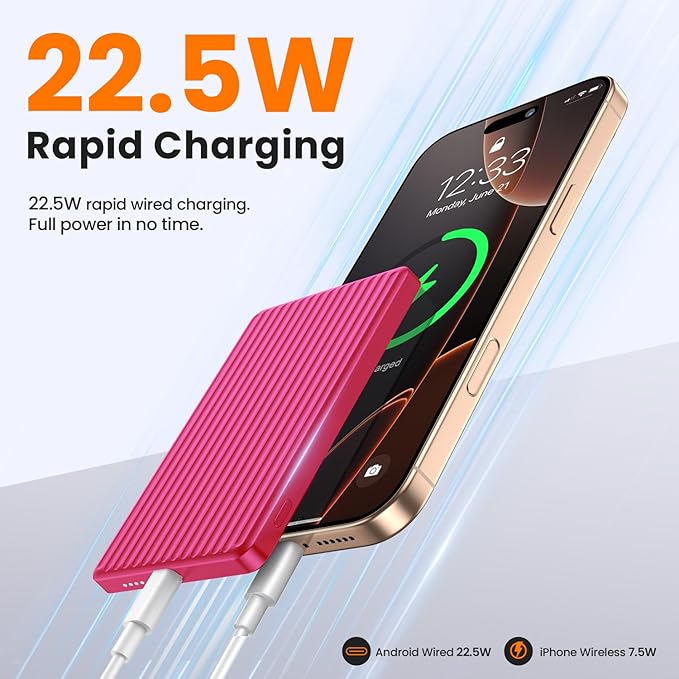 Magnetic Power Bank,Ultra Slim Wireless Portable Charger 5000mAh,20W PD Battery Pack Fast Charging,USB C in&Out Powerbank for iPhone 16/15/14/13/12 Pro Max