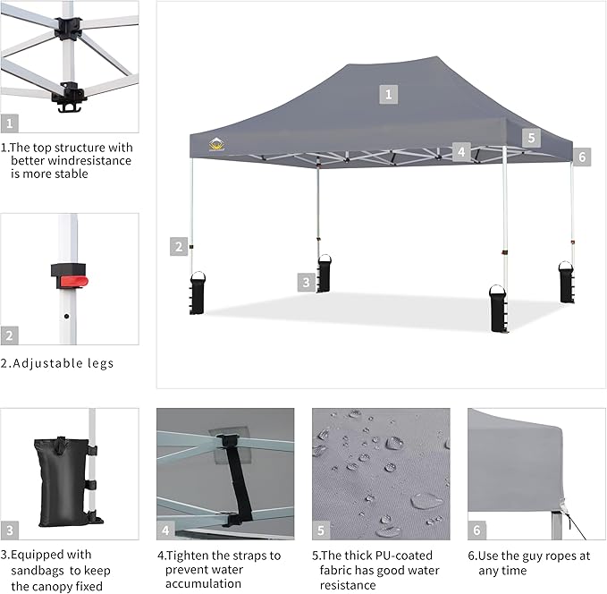 CROWN SHADES 10x15 Pop Up Canopy Tent, Thicken Frame Commercial Heavy Duty Tent, 8 Stakes & 4 Sandbags & 4 Ropes, Outdoor Canopies for Events, Parties,Grey