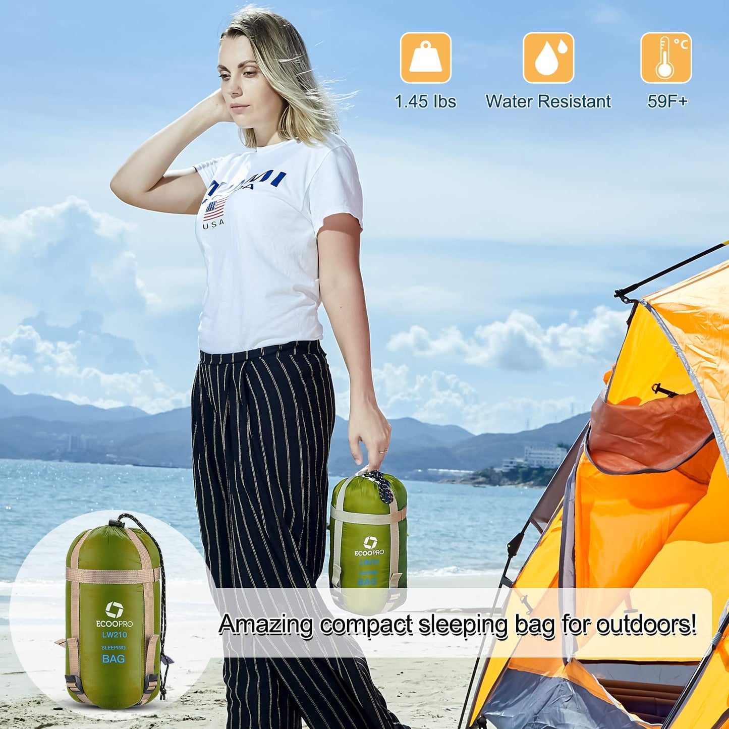 ECOOPRO Portable, Waterproof, Lightweight Sleeping Bag with Compression Sack - For Camping