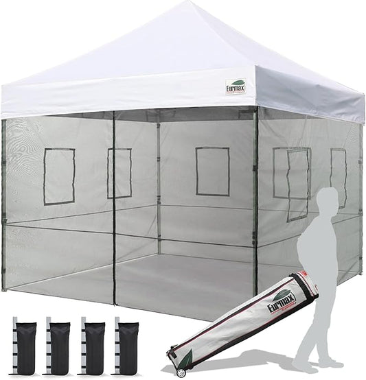 Eurmax USA 10'x10' Pop-up Canopy Tent Commercial Instant Canopies with 4 Removable Zipper End Food Service Wall kit and Roller Bag, Bonus 4 SandBags(White)