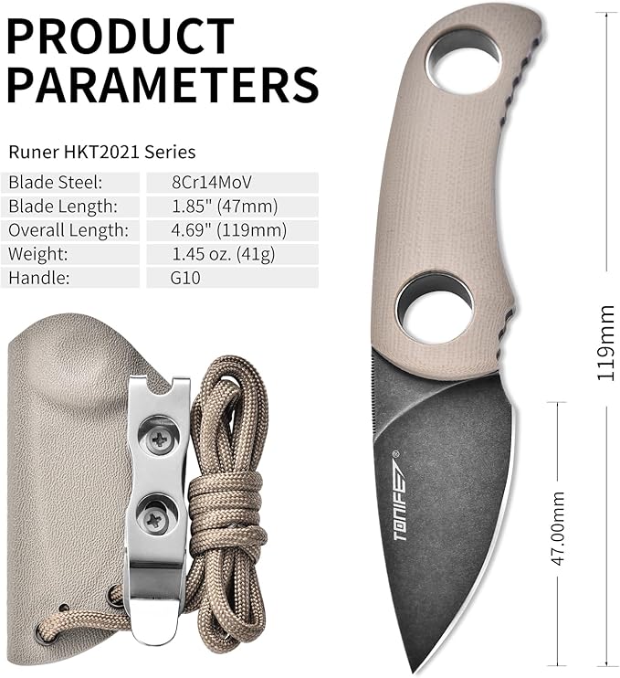 TONIFE Fixed Blade Knife 4.8cm, Mini Neck Knife with Kydex Sheath and Cord, EDC Portable Fixed Knife for Outdoor Survival