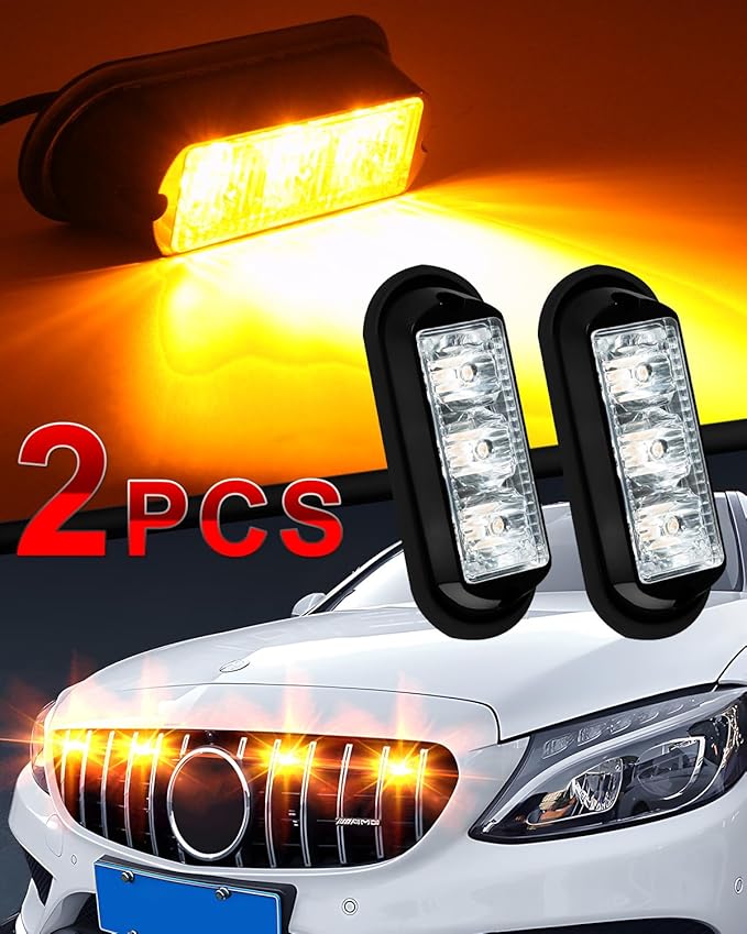 YM E-Bright 2-Pack Amber/Yellow 3 LED Car Flashlight DRL Truck Emergency Strobe Flash Warning Light DC 12-24V