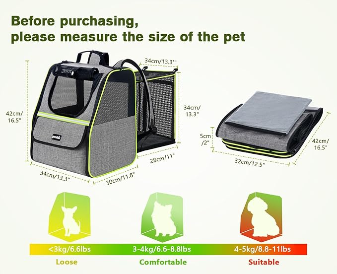 Pecute Cat Backpack Carrier, Expandable Cat Backpack for Cats Dogs up to 11 lbs, Pet Travel Backpack for Small Dogs Medium Cats, Cat Carrier with Ventilated Mesh, Safety Leash, Hiking Outdoor, Grey
