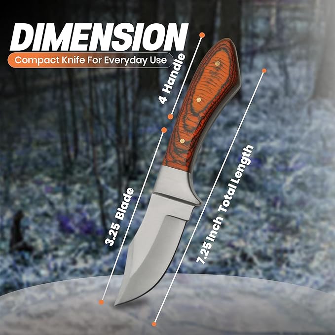 Szco Supplies 7.25??Fixed Blade Hunting Knife for Men ??Small Drop-Point Skinning Knife with Pakkawood Handle and Leather Sheath ??Stainless Steel Hunting Knives for Outdoor, Camping, and Gift Use