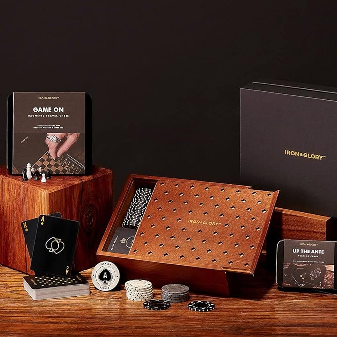 Iron & Glory Poker Set - Luxury Poker Set in Premium Wooden Box - Includes Playing Cards & 100 Custom Chips - Below Deck - Engraved Ace Of Spades Metal Dealer Chips - Board Games - Travel Games
