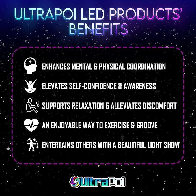 UltraPoi Ultralight LED Glow Stick (Pair (2)) - Customizable Rainbow Light Stick with Over 70 Brilliant Color Modes & Flashing Patterns - LED Concert Light Stick for Poi, Flow Arts, & Light Spinning