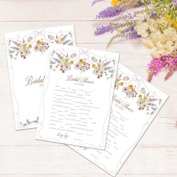 Bridal Shower Ad-Libs Games, Wildflowers Pink Bow Games Card for Wedding Reception, Bridal Shower, Engagement, Bachelorette Party Activity Decorations (25 Pack) -A15