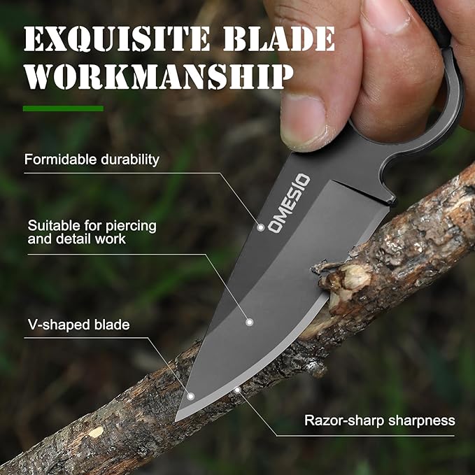 Omesio Small Fixed Blade Knife, Tactical Hunting Camping Knife with Kydex Sheath, Full Tang Stainless Steel Compact EDC Neck G10 Handle with Gift Box for Men (Black)