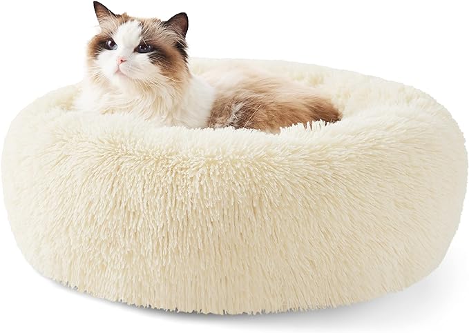 Bedsure Calming Cat Beds for Indoor Cats - Small Cat Bed Washable 20 inches, Anti-Slip Round Fluffy Plush Faux Fur Pet Bed, Fits up to 15 lbs Pets, Ivory Beige