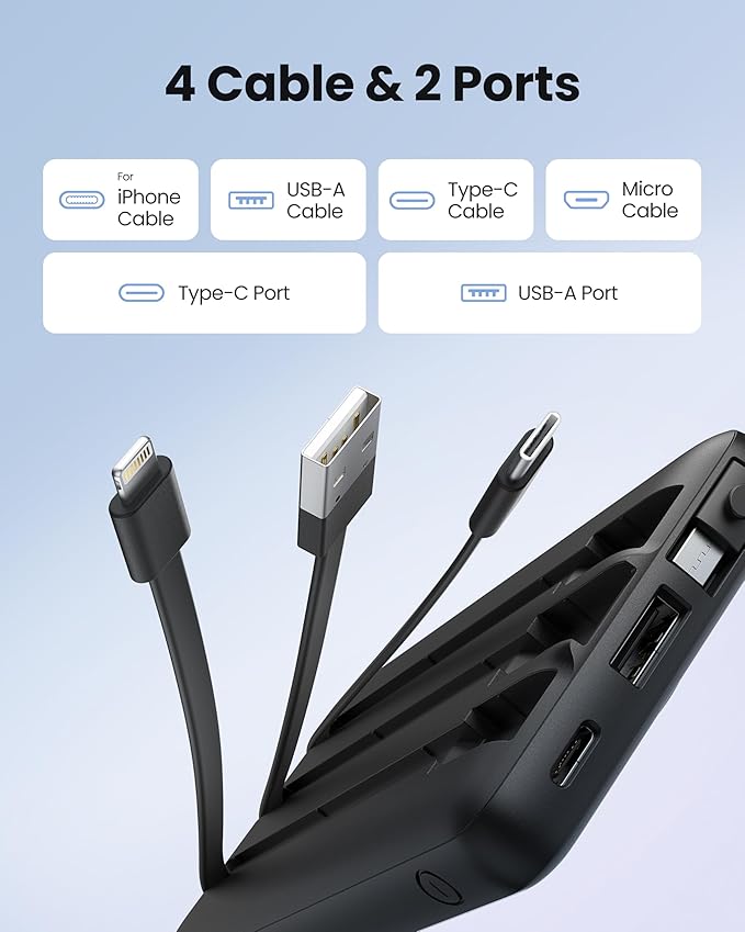 Portable Charger with Built in Cables, Slim 10000mAh Power Bank with USB C, External Battery Pack 5 Outputs 2 Inputs LED Display Compatible with iPhone/Android & More (Black)