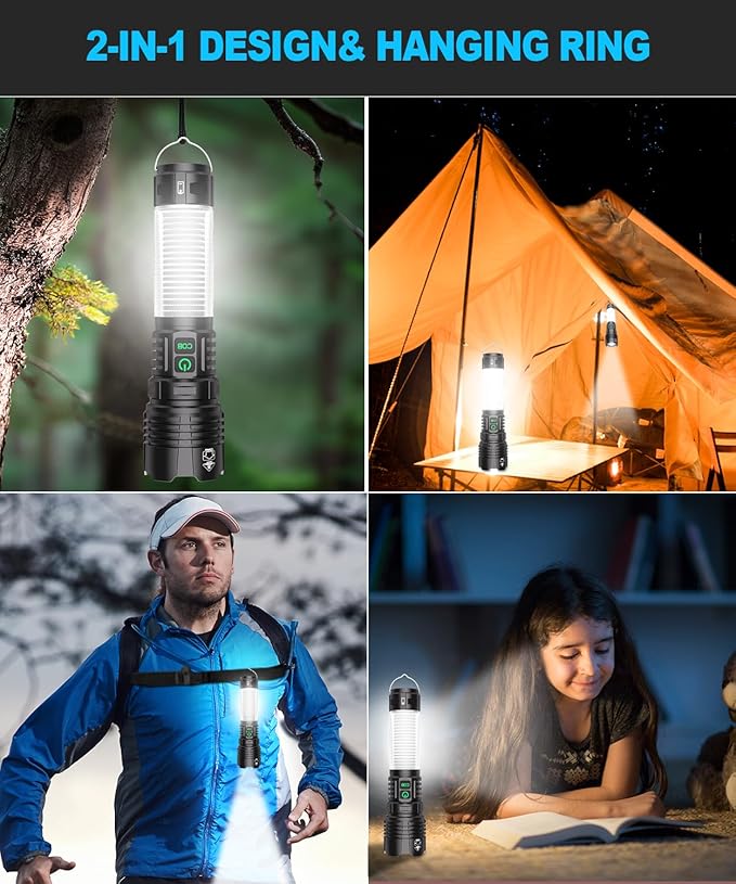Flashlights High Lumens Rechargeable- Super Bright Tactical LED Flashlight,Powerful USB C Flash Light with 360°COB, Long Beam 3280Ft,7 Modes for Emergency,Gift-365nm UV Light
