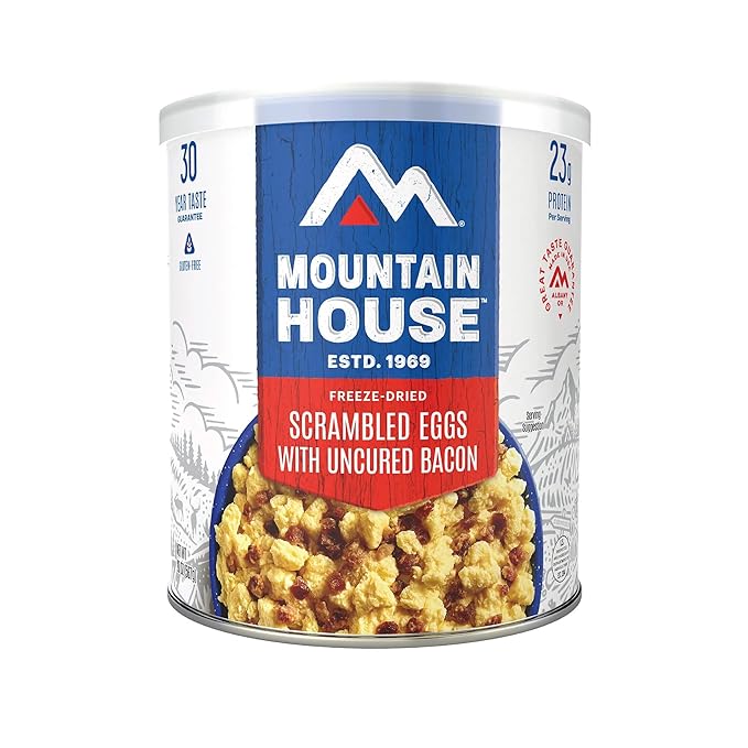 Mountain House Freeze Dried Scrambled Eggs with Uncured Bacon #10 Can ??9 Servings per Can ??Gluten-Free ??30-Year Shelf Life ??Emergency, Survival, Camping, Hunting & Backpacking Canned Food ??Pack of 6