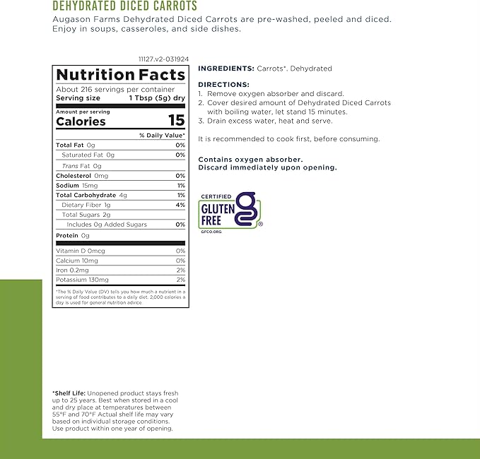 Augason Farms Dehydrated Diced Carrots Can, Emergency Food Supply, Everyday Meals, 216 Servings