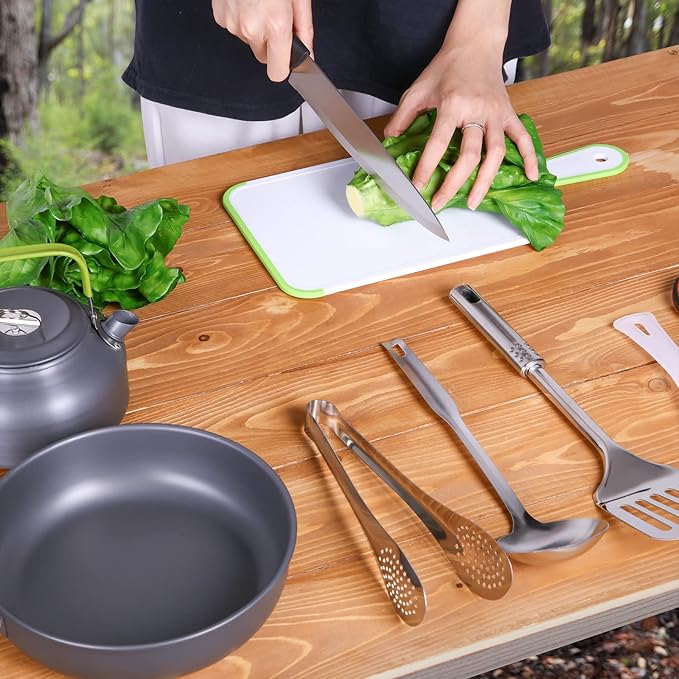 Gejoy 42 Pcs Camping Cookware Mess Kit, Non Stick Lightweight Pots Pan Kettle, Collapsible Water Container and Bucket, Stainless Steel Cups Plates Forks Knives Spoons for Outdoor Backpacking Picnic