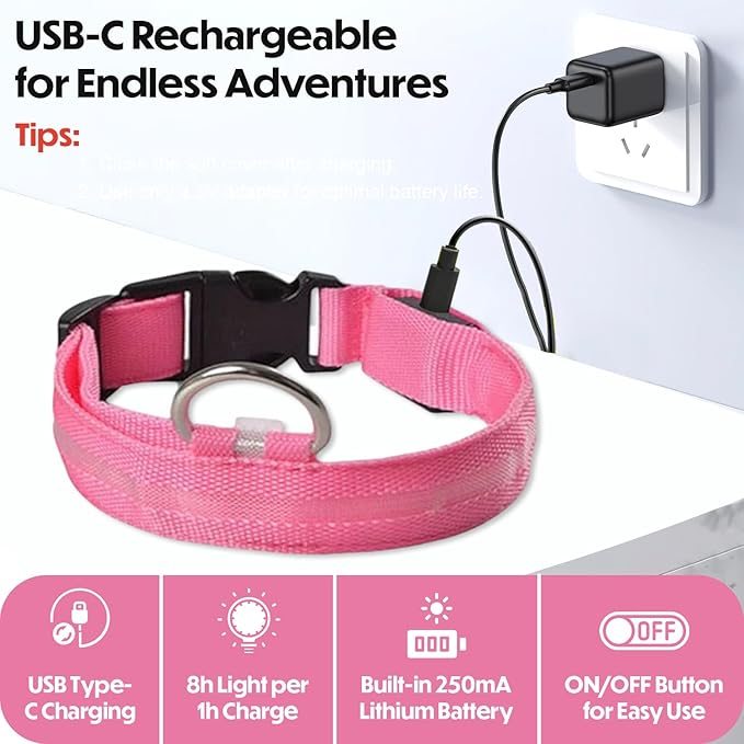 Light Up Dog Collar – Reflective, Adjustable & Rechargeable Electronic Glow Pet Collars – Bright, Comfortable, High Visibility LED Dog Collar for Night Safety, Outdoor Walk & Flashing Fun, Pink, Large