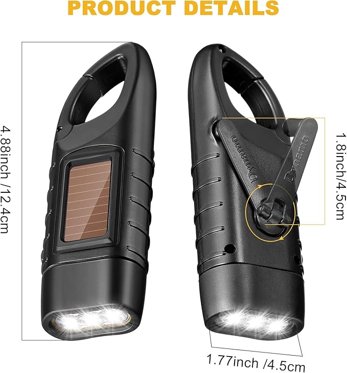 Mudder 4 Pack Hand Crank Solar Powered Flashlight Emergency Rechargeable Led Flashlight Survival Gear Self Powered Charging Torch for Hiking Backpack Camping Safety Emergency Pack(Yellow, Black)