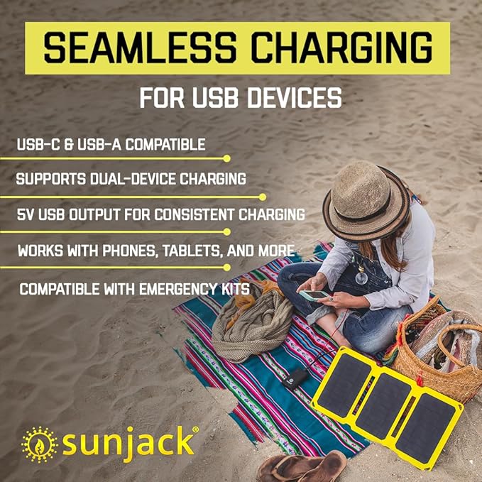 SunJack 15W Foldable Solar Phone Charger, IP67 Waterproof ETFE Monocrystalline Solar Panel with 10,000mAh Power Bank, Portable USB-C & USB-A Solar Charger for Camping, Hiking, Backpacking, Emergency