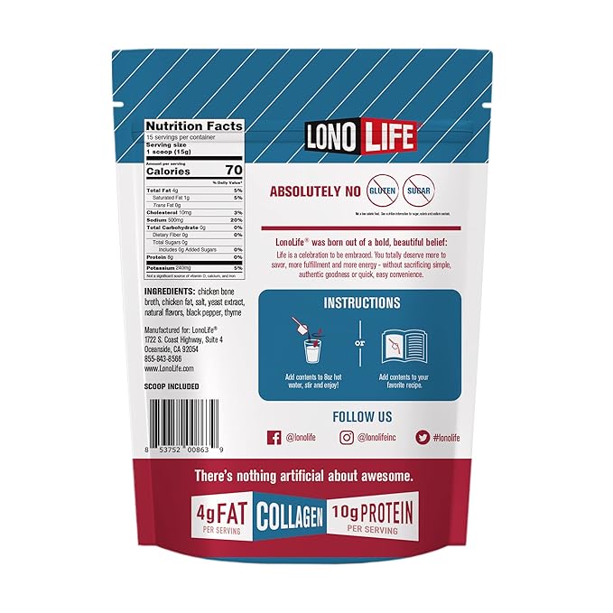 LonoLife Keto Chicken Bone Broth Powder Mix | 10g Protein | Collagen-Rich, Keto & Paleo Friendly | Natural Ingredients | 8oz Bulk Container (15 Servings)
