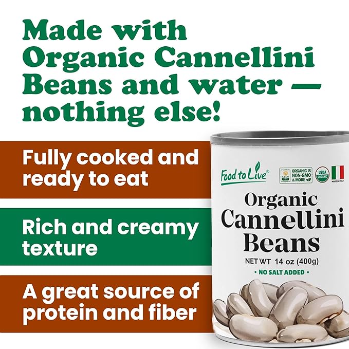 Food to Live Organic Italian Canned Cannellini Beans, 14 oz (Pack of 1) - Unsalted Non-GMO White Kidney Beans. Good Source of Fiber and Protein