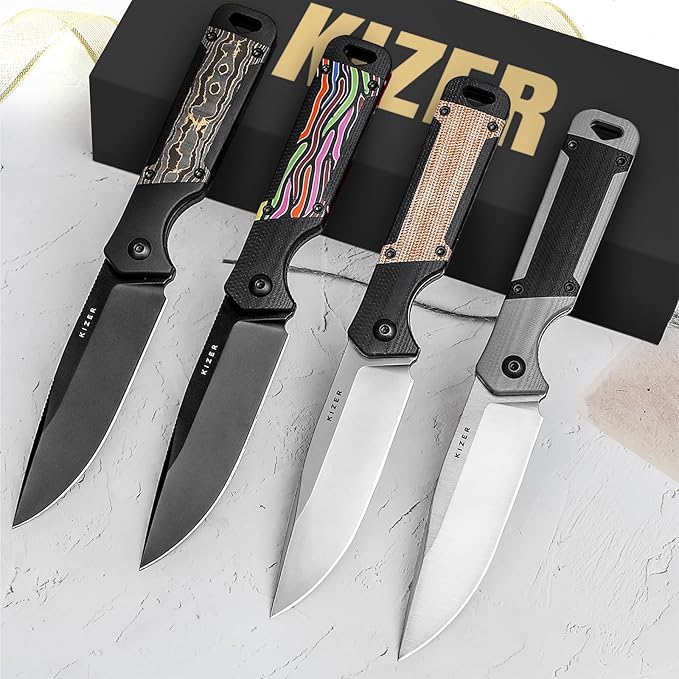 Kizer Militaw Fixed Blade Knife with Sheath, D2 Steel Blade, G10 Handle, EDC for Men & Women, Outdoor, Hunting, Hiking, Survival, 1067M1